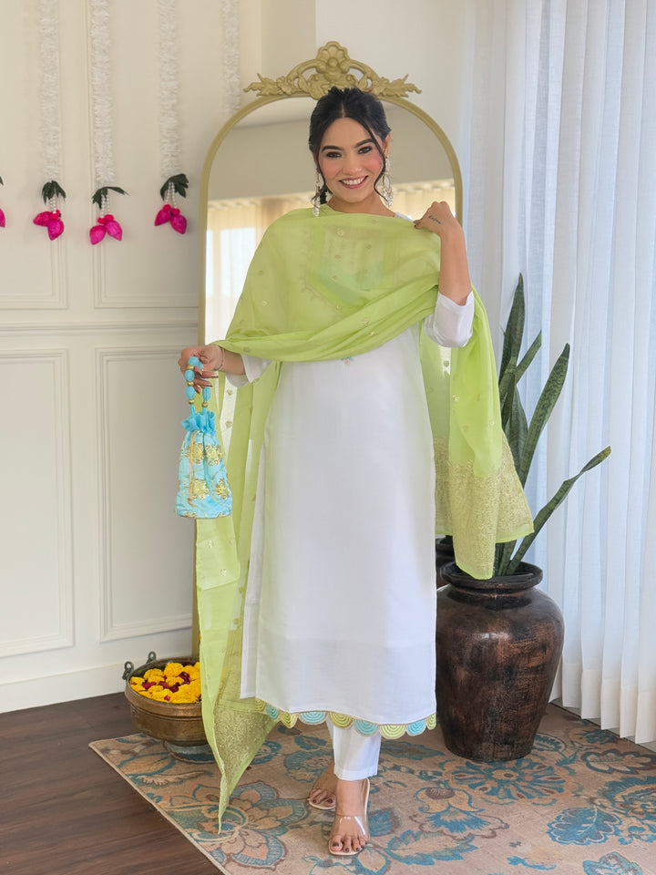 White Color Viscose Chanderi with Embroidered Kurta with Pant And Dupatta Sets