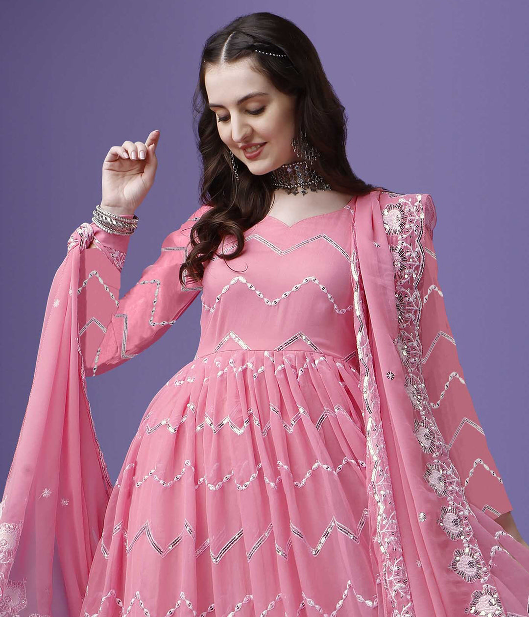 Indian Wear Pink Georgette Gown With Sequence Embroidery Work And Dupatta For Women, Anarkali Kurti, Long Flared Dress, Bridesmaid Dress