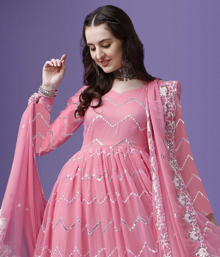 Indian Wear Pink Georgette Gown With Sequence Embroidery Work And Dupatta For Women, Anarkali Kurti, Long Flared Dress, Bridesmaid Dress