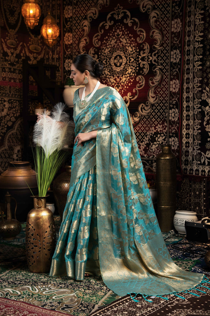 Light Blue Color Jimmi Choo Saree With Weaving Work Saree