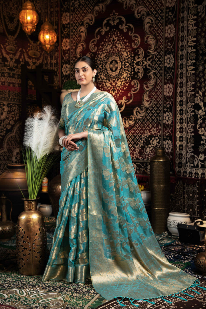 Light Blue Color Jimmi Choo Saree With Weaving Work Saree