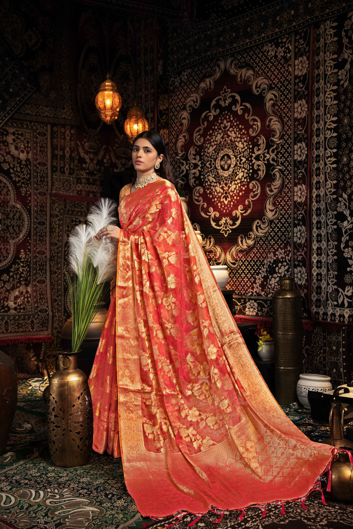 Red Color Jimmi Choo Saree With Weaving Work Saree