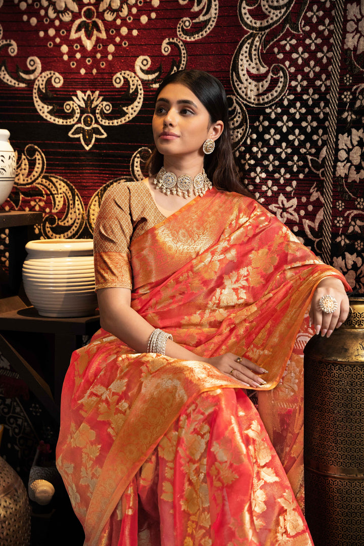 Red Color Jimmi Choo Saree With Weaving Work Saree