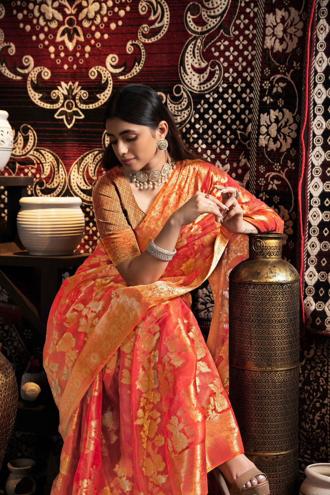 Red Color Jimmi Choo Saree With Weaving Work Saree