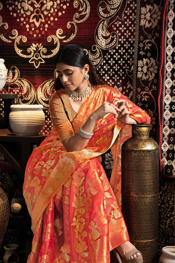 Red Color Jimmi Choo Saree With Weaving Work Saree