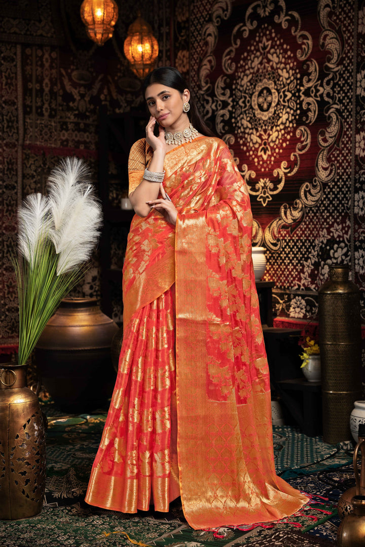 Red Color Jimmi Choo Saree With Weaving Work Saree
