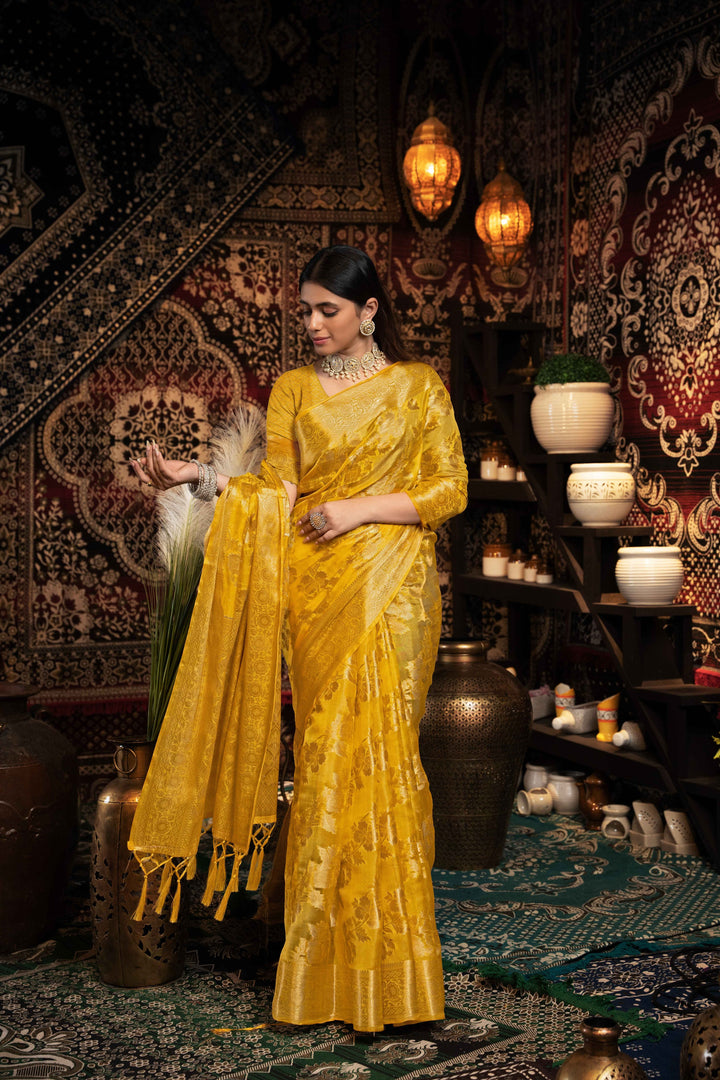 Yellow Color Jimmi Choo Saree With Weaving Work Saree