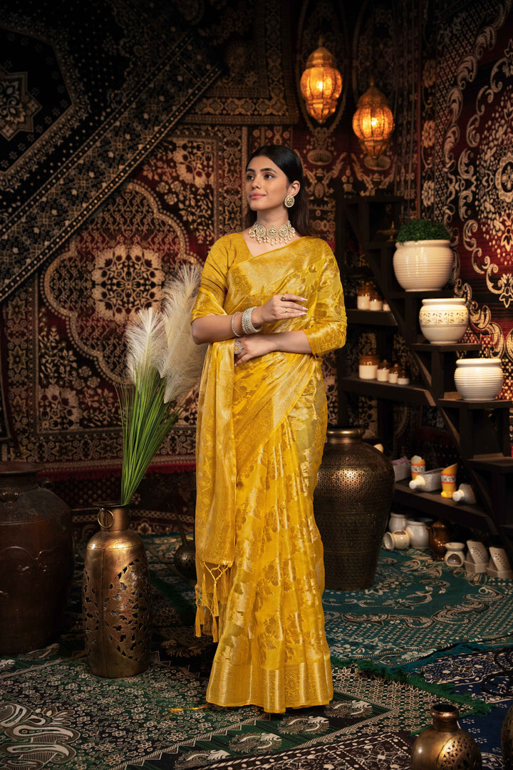 Yellow Color Jimmi Choo Saree With Weaving Work Saree