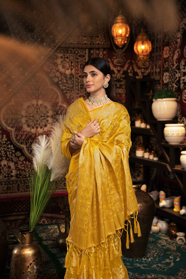 Yellow Color Jimmi Choo Saree With Weaving Work Saree