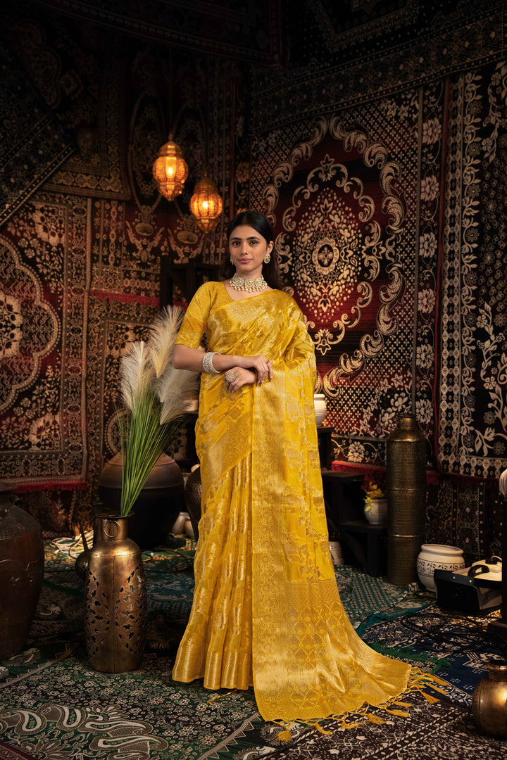 Yellow Color Jimmi Choo Saree With Weaving Work Saree