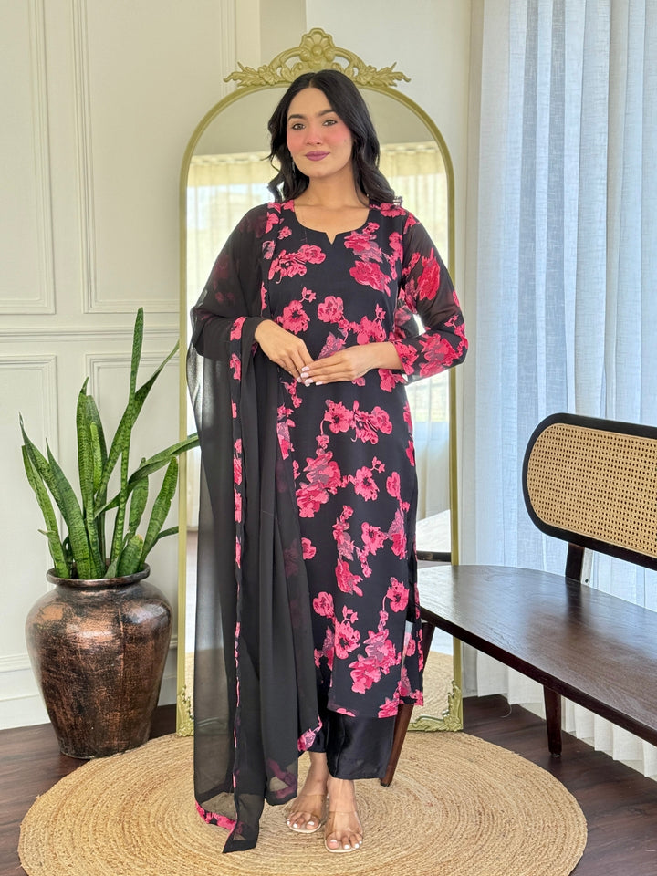 Black Color Georgette Printed Kurta with Pant And Dupatta Sets