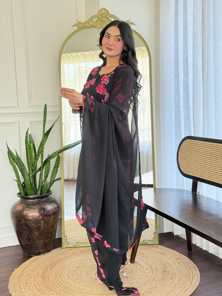 Black Color Georgette Printed Kurta with Pant And Dupatta Sets