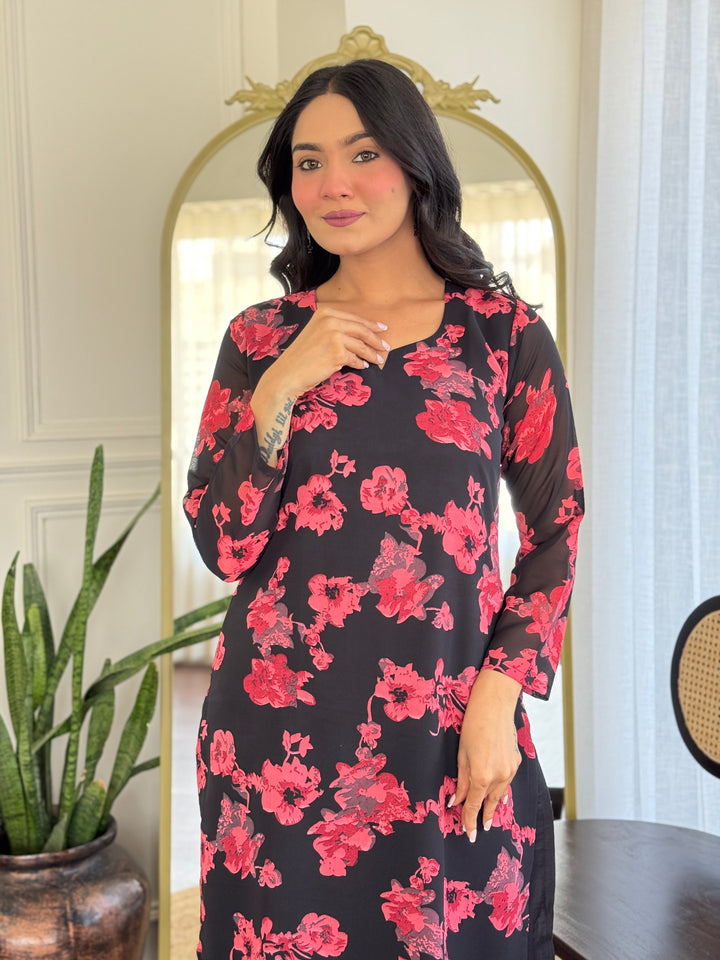 Black Color Georgette Printed Kurta with Pant And Dupatta Sets