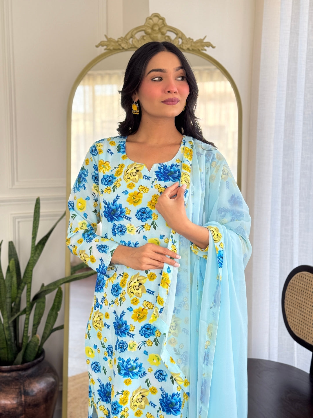 Sky Blue Color Georgette Printed Kurta with Pant And Dupatta Sets