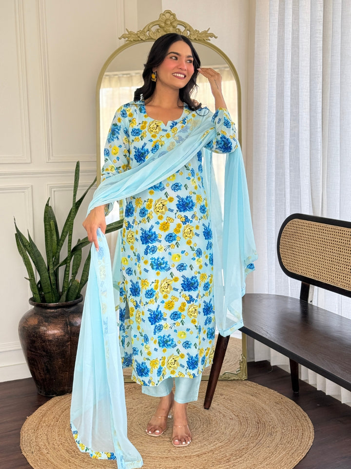 Sky Blue Color Georgette Printed Kurta with Pant And Dupatta Sets