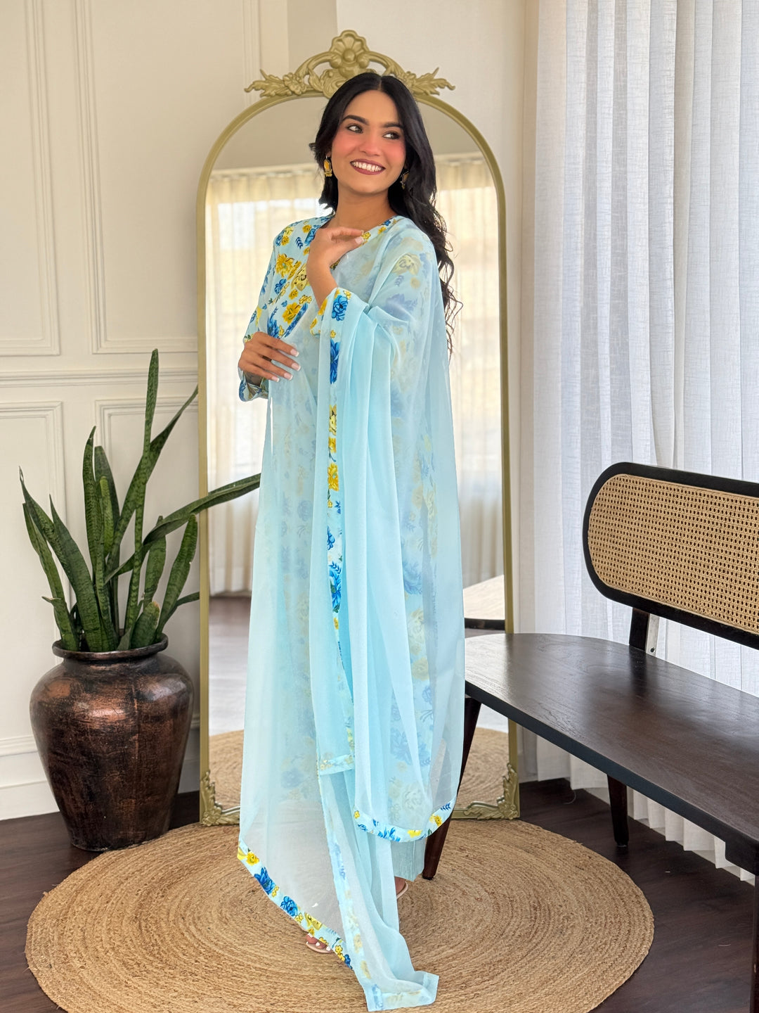 Sky Blue Color Georgette Printed Kurta with Pant And Dupatta Sets