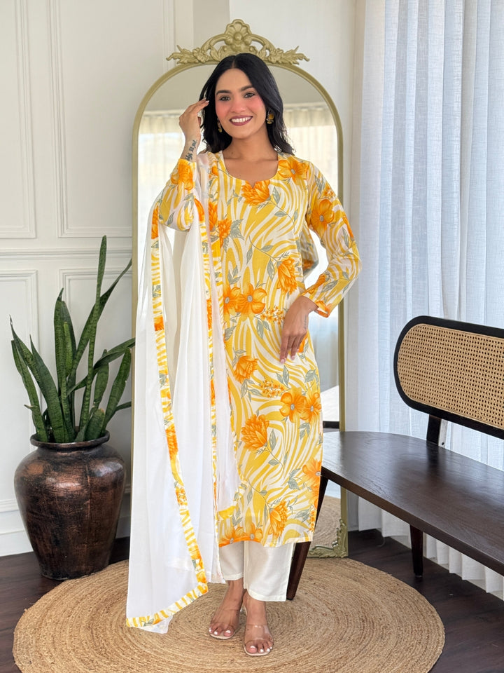 Orange Color Georgette Printed Kurta with Pant And Dupatta Sets