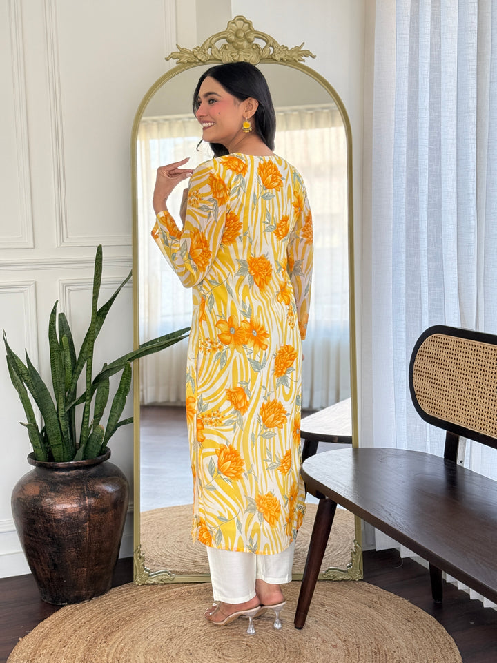 Orange Color Georgette Printed Kurta with Pant And Dupatta Sets