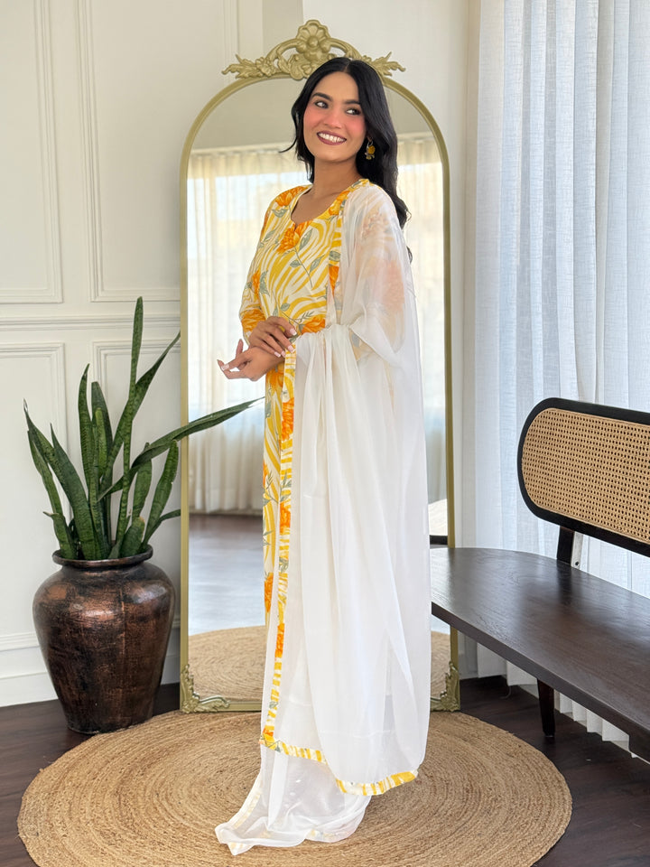 Orange Color Georgette Printed Kurta with Pant And Dupatta Sets