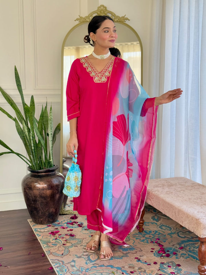 pink Color Rayon Slub with Embroidered Kurta with Pant And Dupatta Sets