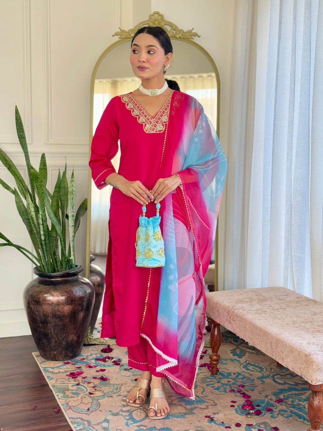 pink Color Rayon Slub with Embroidered Kurta with Pant And Dupatta Sets
