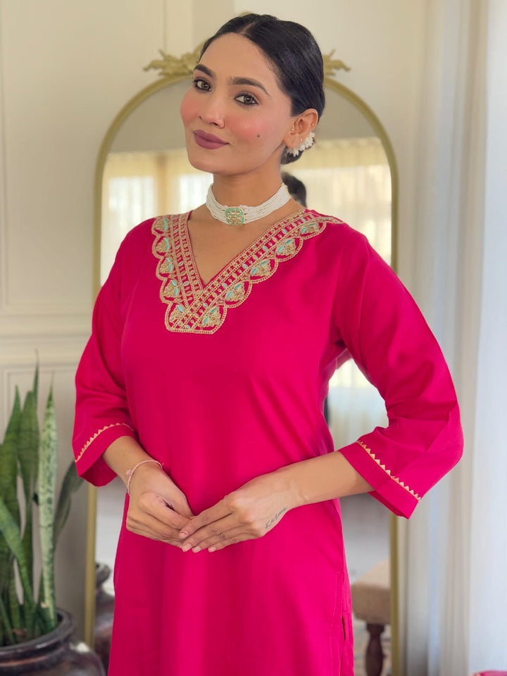 pink Color Rayon Slub with Embroidered Kurta with Pant And Dupatta Sets