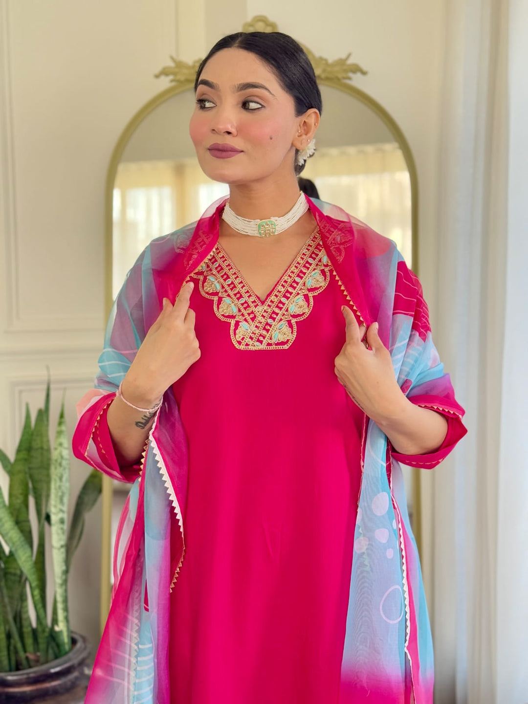 pink Color Rayon Slub with Embroidered Kurta with Pant And Dupatta Sets