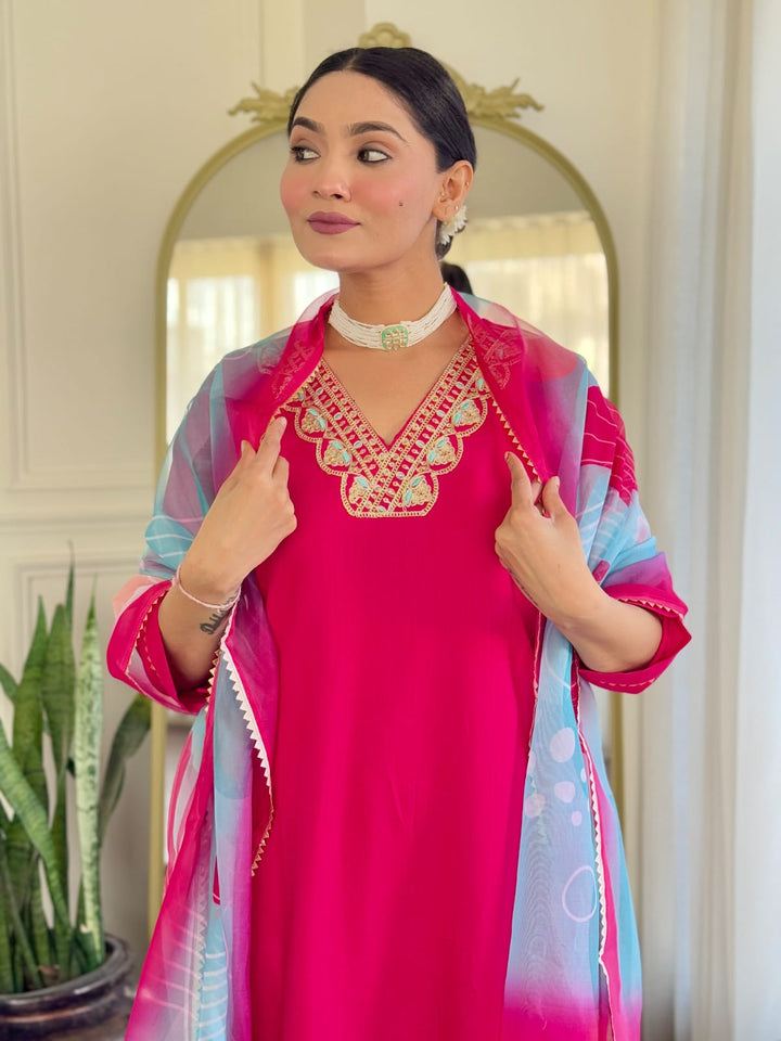 pink Color Rayon Slub with Embroidered Kurta with Pant And Dupatta Sets