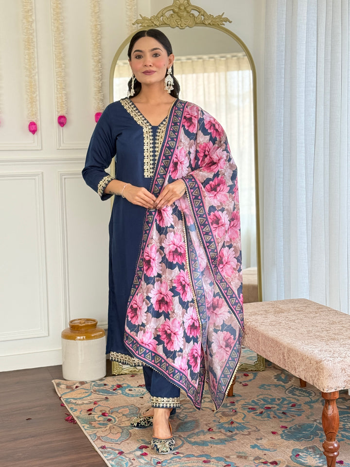 Petrol Color Viscose Slub Kurti Embroidery With Pant And Dupatta Set
