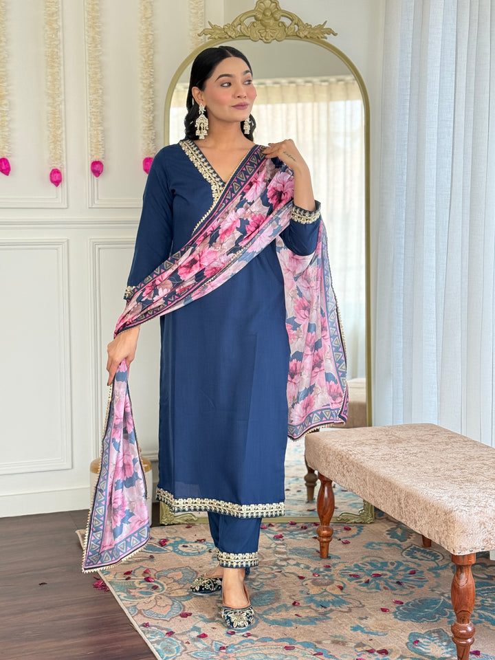 Petrol Color Viscose Slub Kurti Embroidery With Pant And Dupatta Set