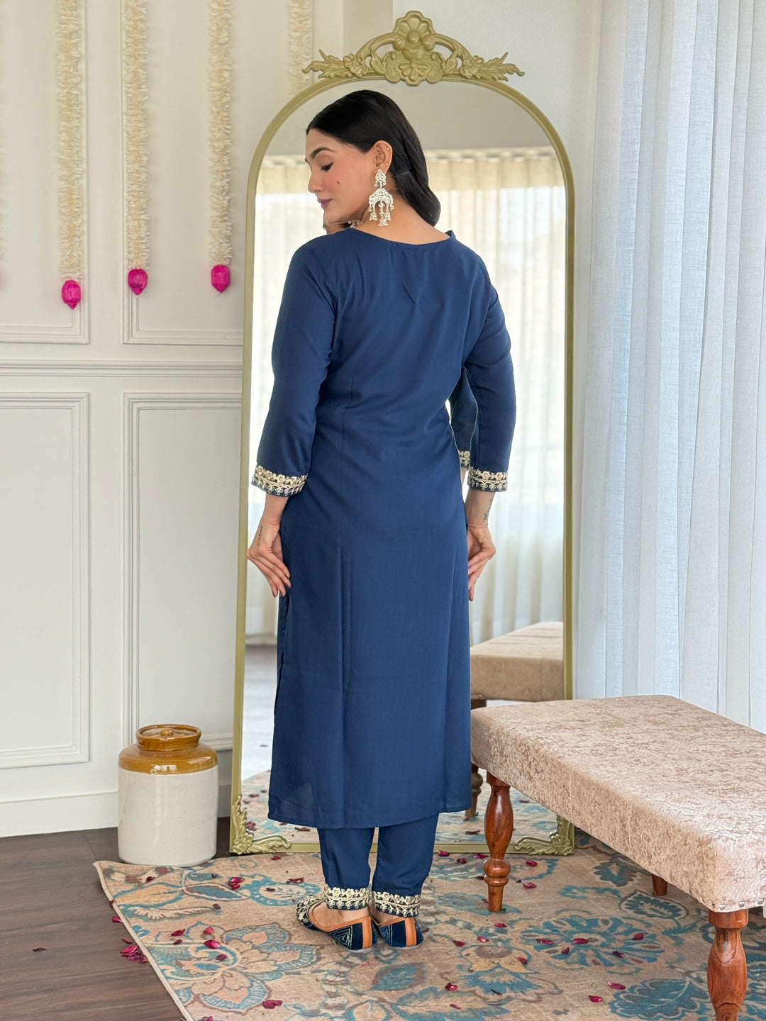 Petrol Color Viscose Slub Kurti Embroidery With Pant And Dupatta Set