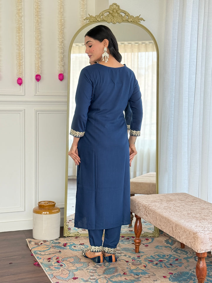 Petrol Color Viscose Slub Kurti Embroidery With Pant And Dupatta Set