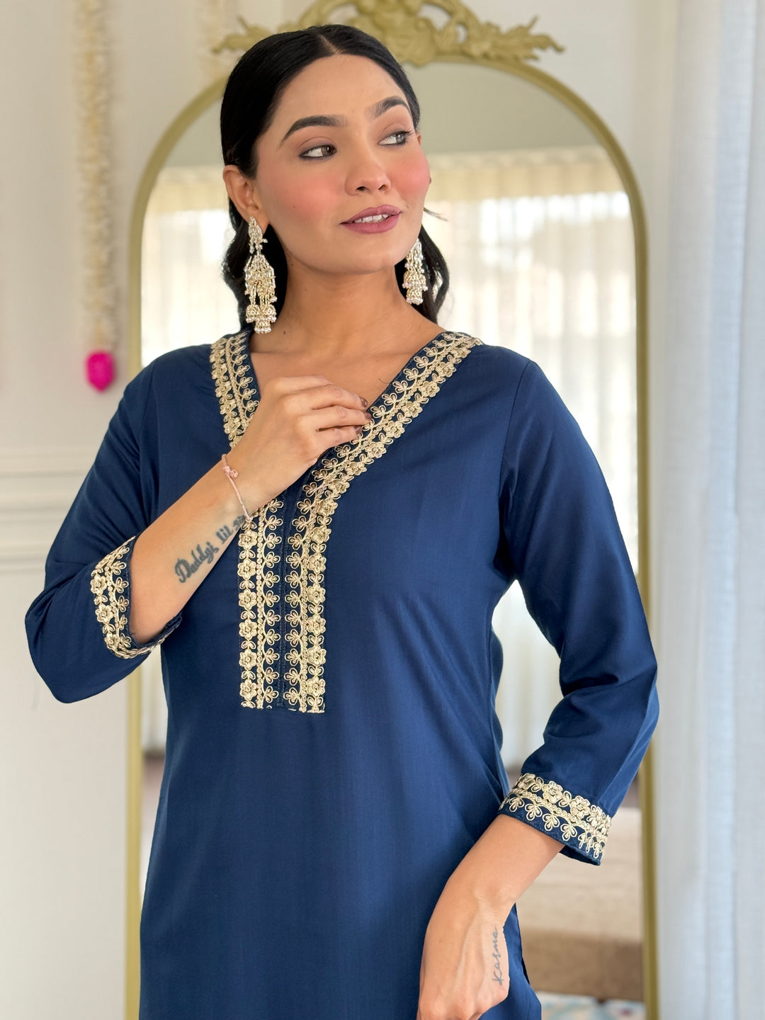 Petrol Color Viscose Slub Kurti Embroidery With Pant And Dupatta Set