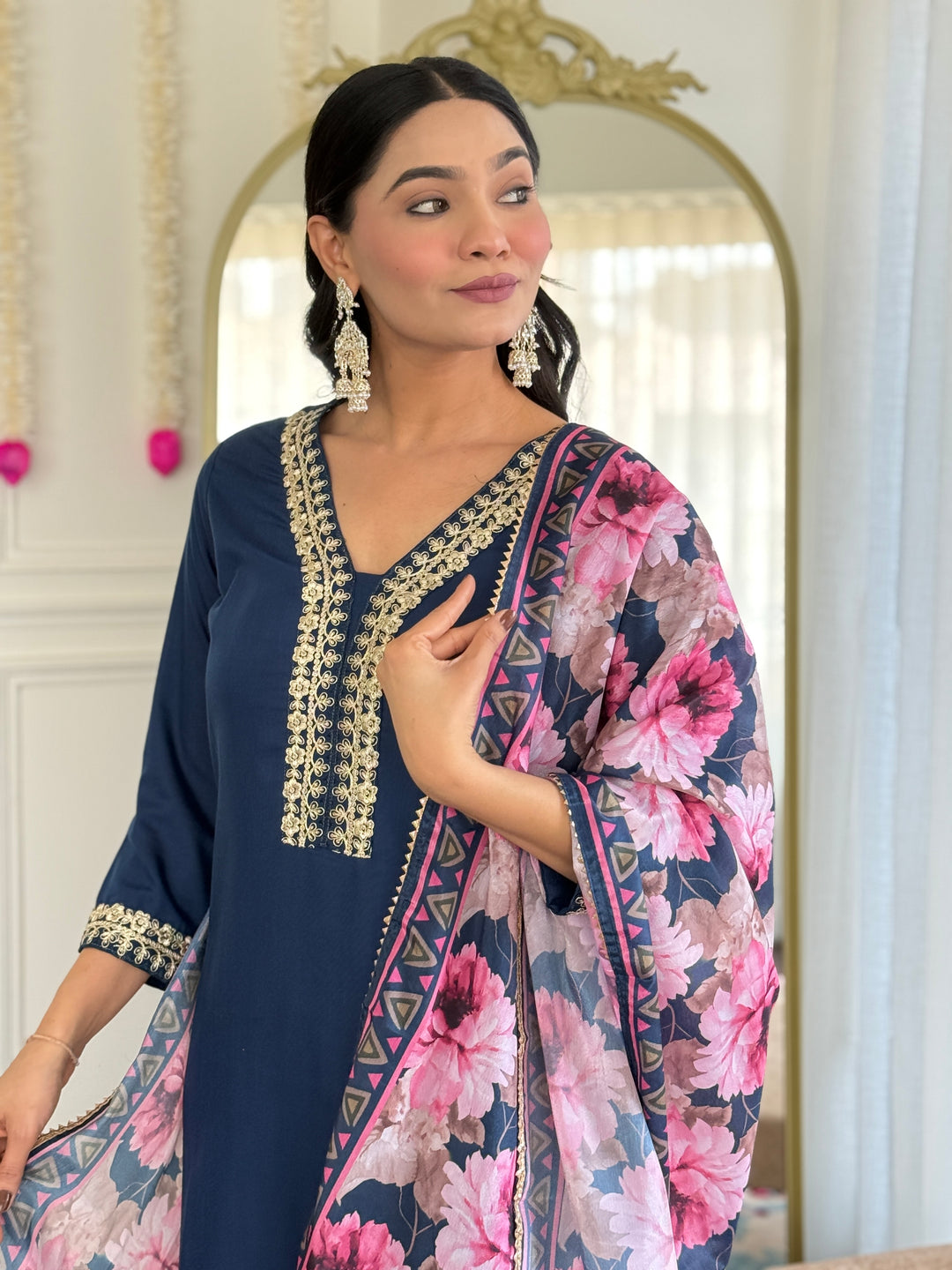Petrol Color Viscose Slub Kurti Embroidery With Pant And Dupatta Set