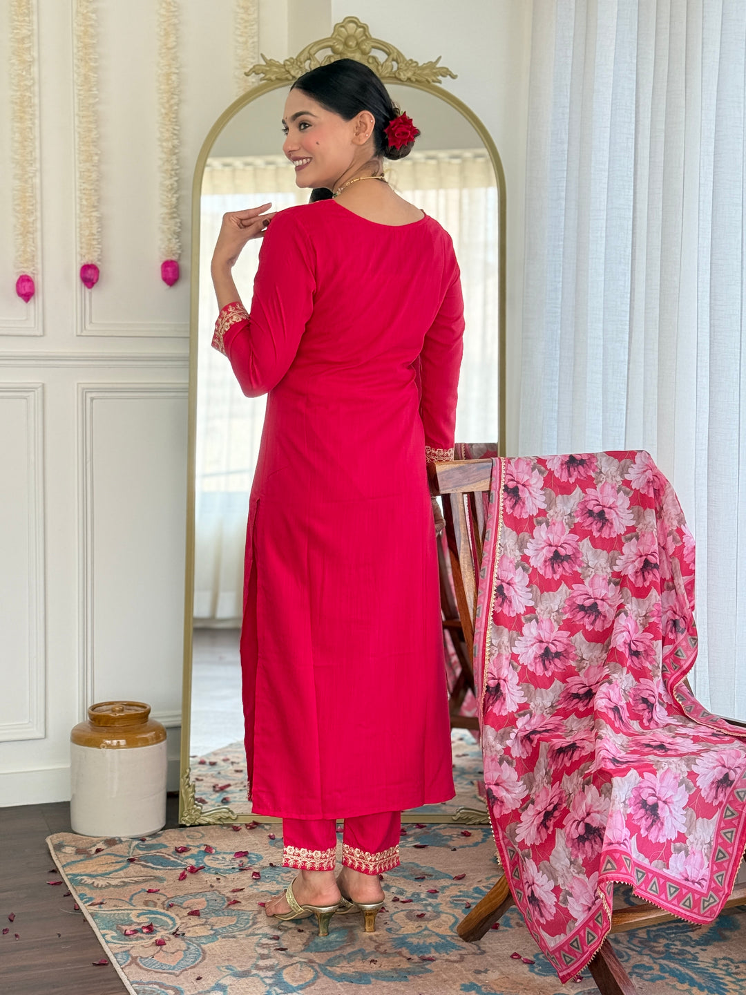 Red Color Viscose Slub Kurti Embroidery With Pant And Dupatta Set