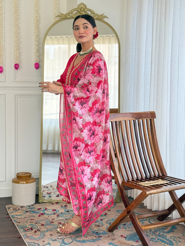 Red Color Viscose Slub Kurti Embroidery With Pant And Dupatta Set