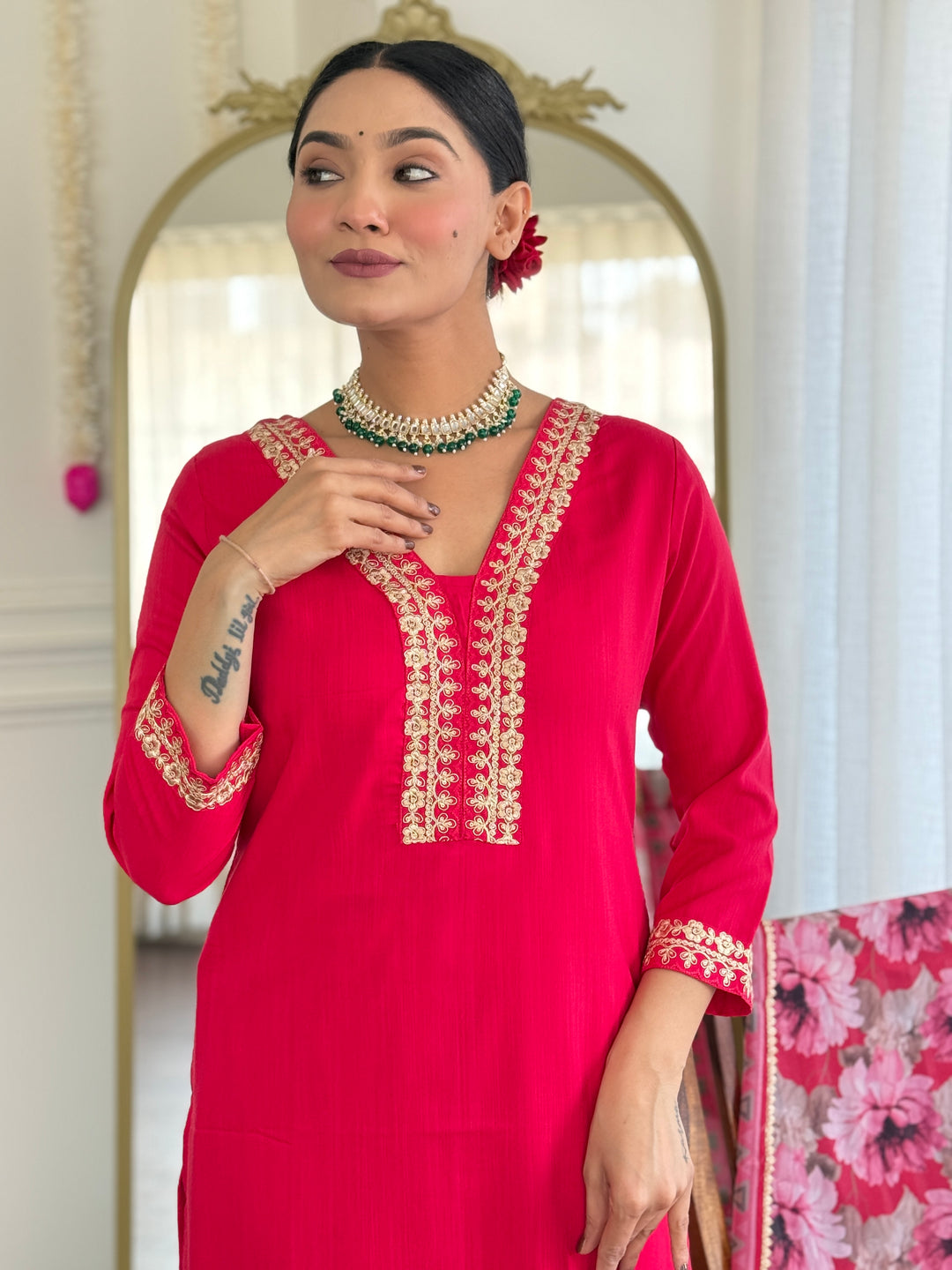 Red Color Viscose Slub Kurti Embroidery With Pant And Dupatta Set