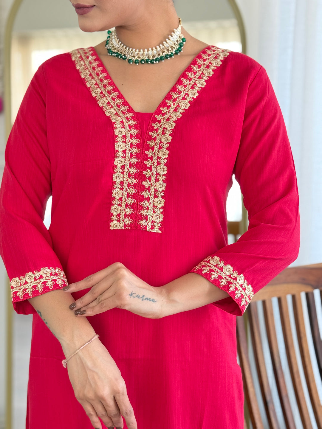 Red Color Viscose Slub Kurti Embroidery With Pant And Dupatta Set