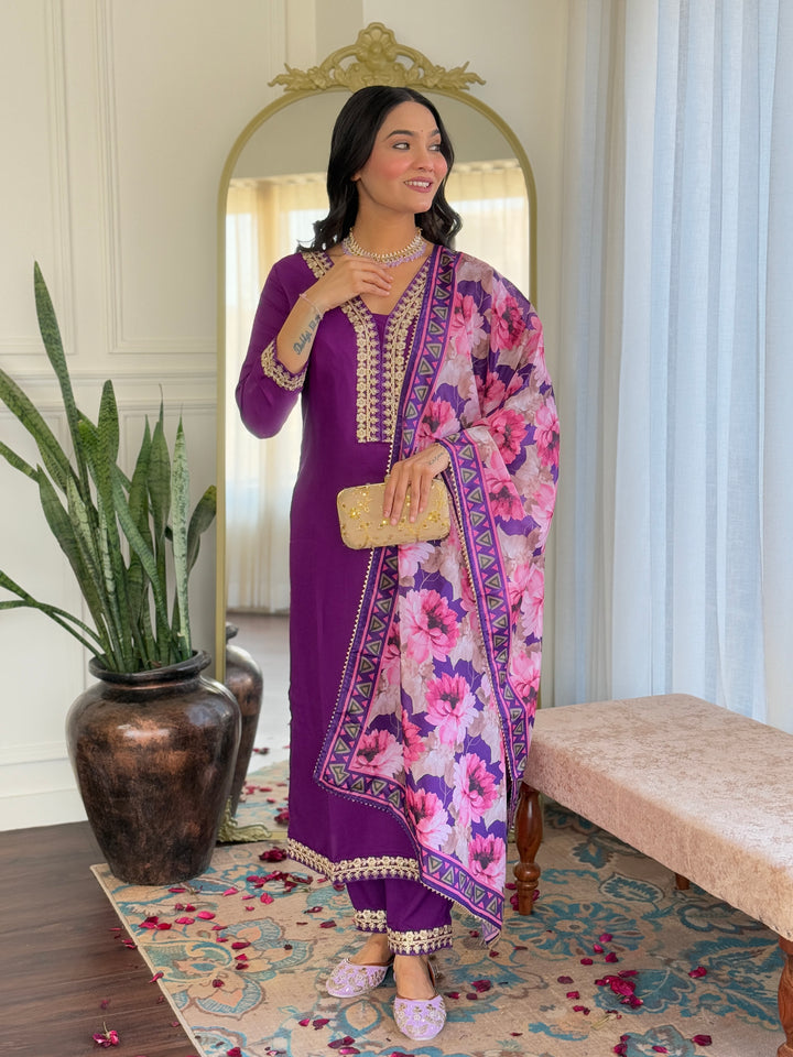 Purple Color Viscose Slub Kurti Embroidery With Pant And Dupatta Set