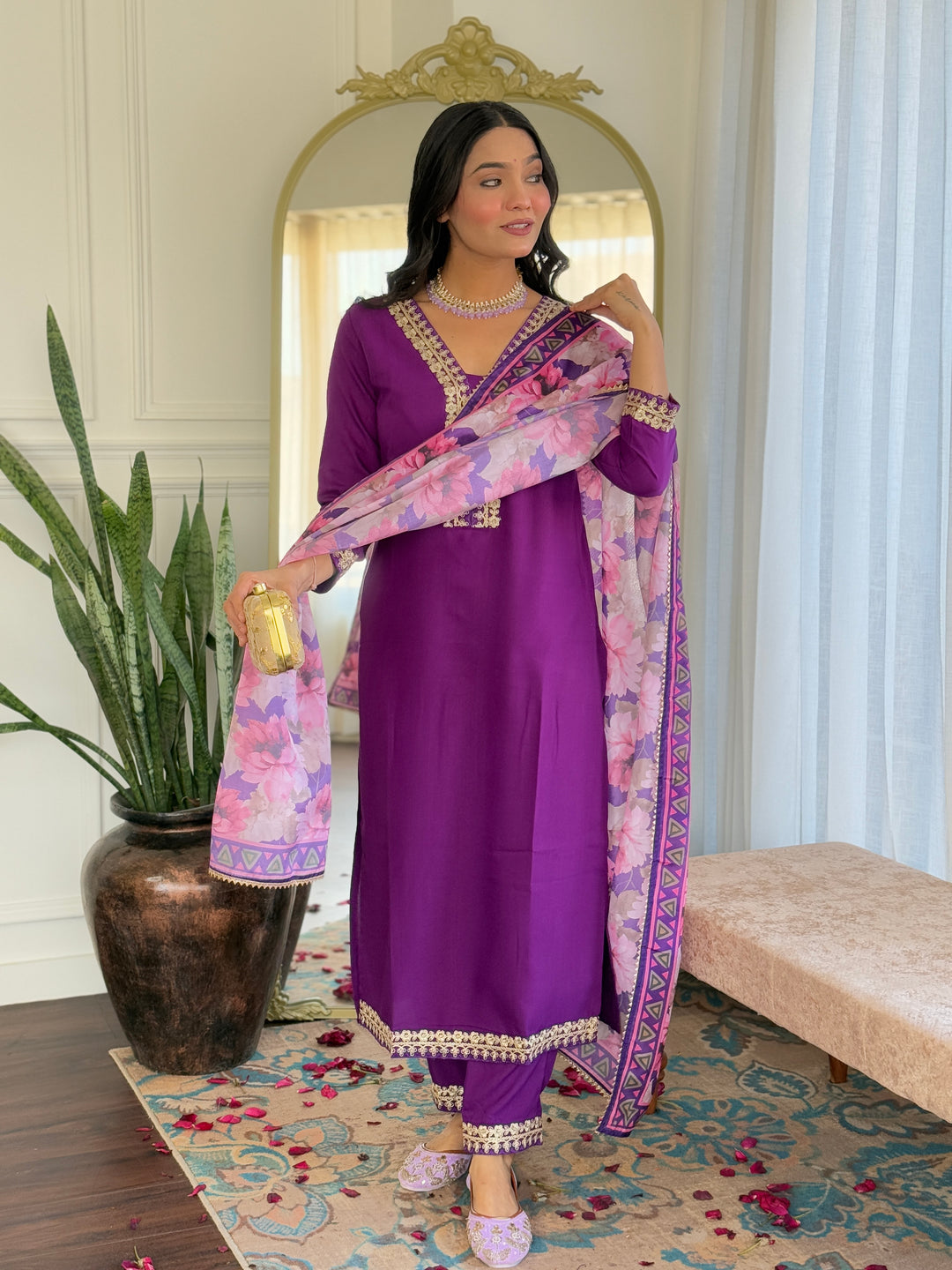 Purple Color Viscose Slub Kurti Embroidery With Pant And Dupatta Set
