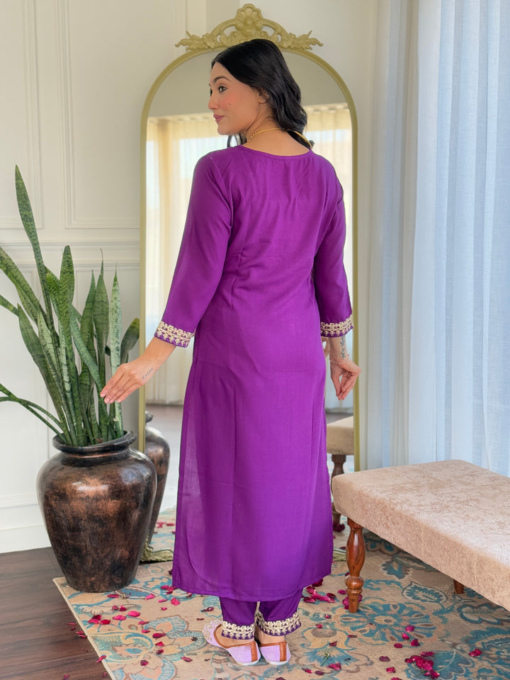 Purple Color Viscose Slub Kurti Embroidery With Pant And Dupatta Set