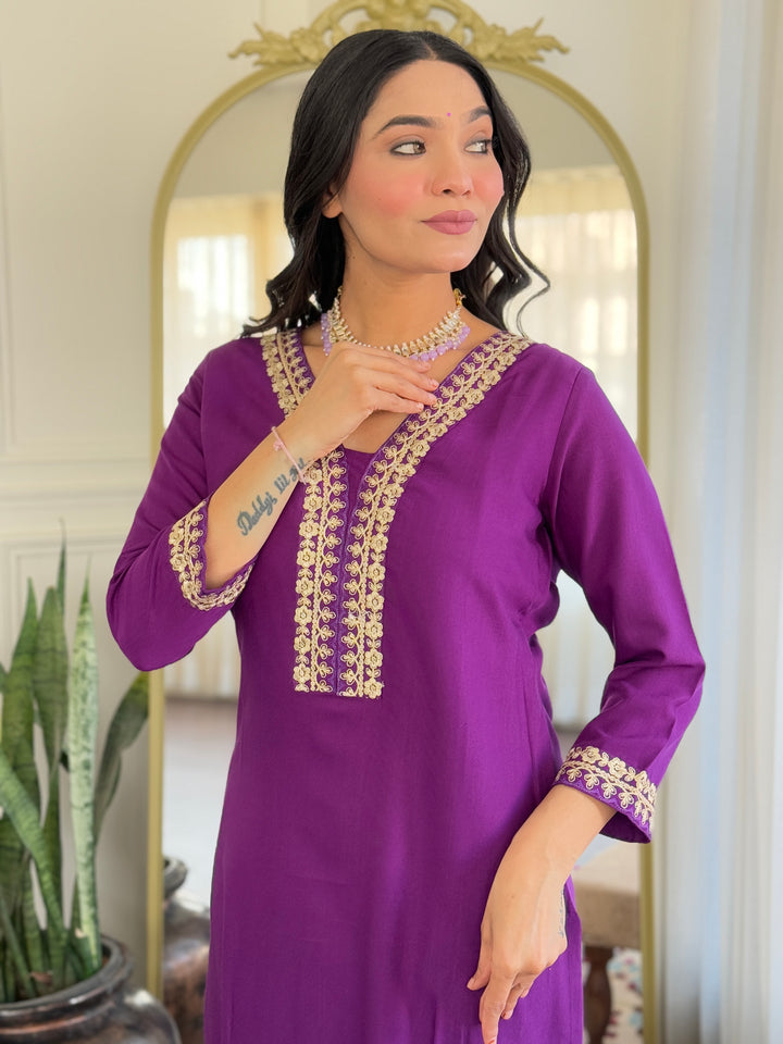 Purple Color Viscose Slub Kurti Embroidery With Pant And Dupatta Set