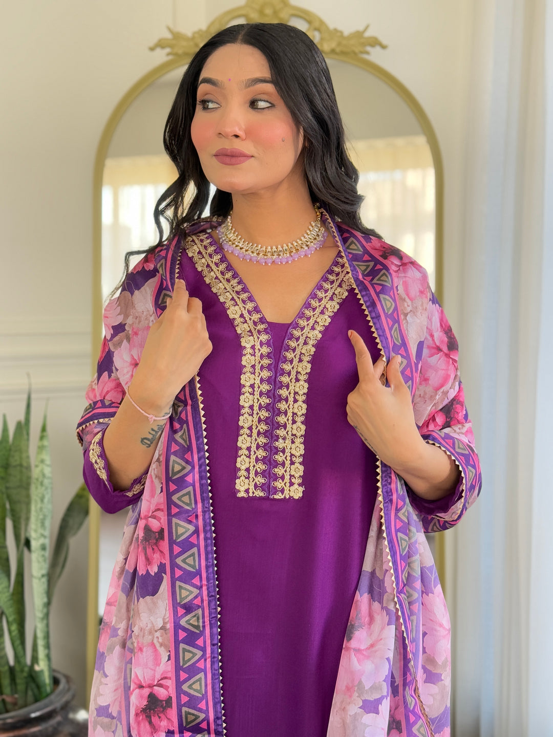 Purple Color Viscose Slub Kurti Embroidery With Pant And Dupatta Set