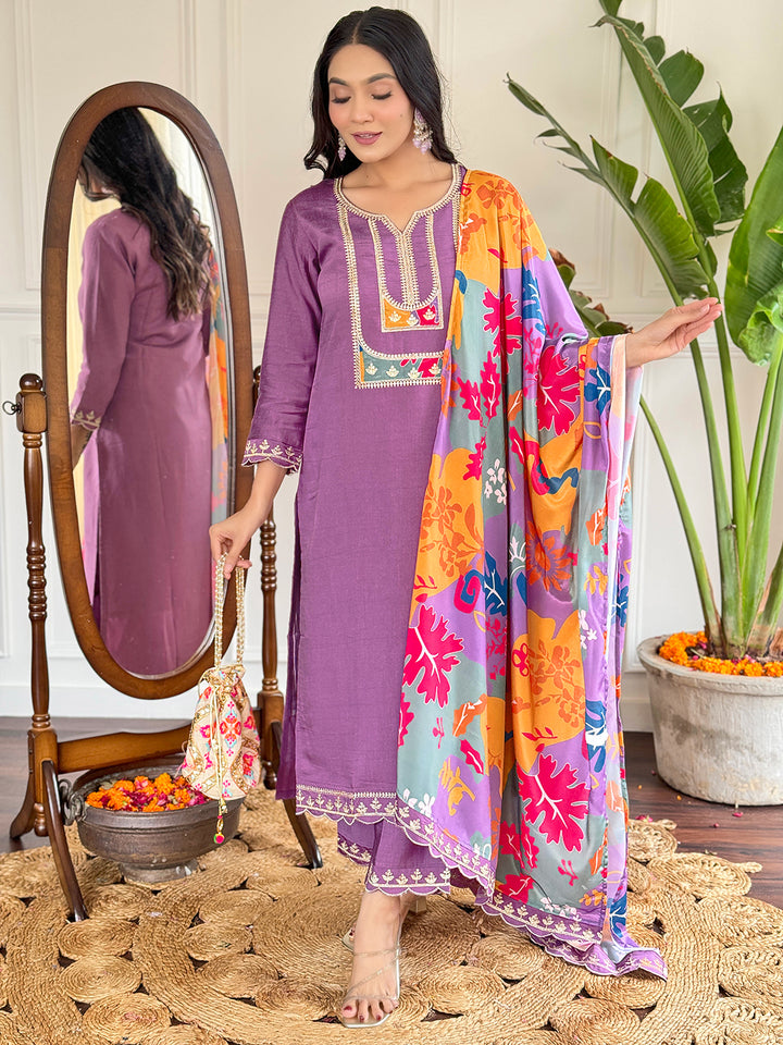 Lavender Color Viscose Slub Kurti Embroidery With Pant And Dupatta Set