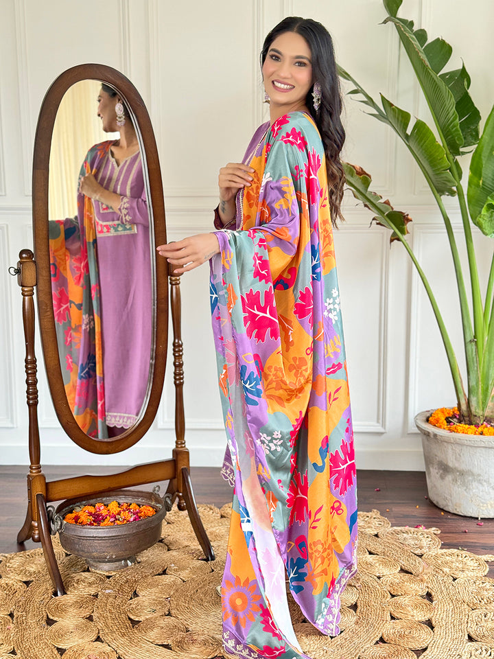 Lavender Color Viscose Slub Kurti Embroidery With Pant And Dupatta Set