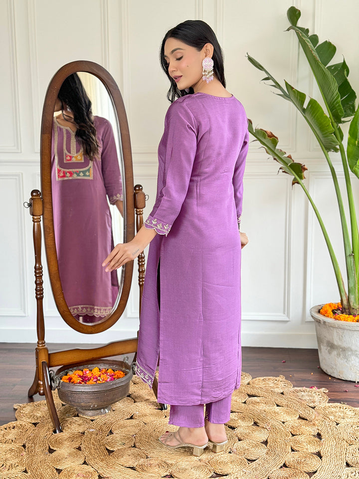 Lavender Color Viscose Slub Kurti Embroidery With Pant And Dupatta Set