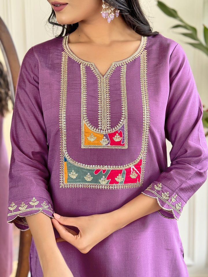 Lavender Color Viscose Slub Kurti Embroidery With Pant And Dupatta Set