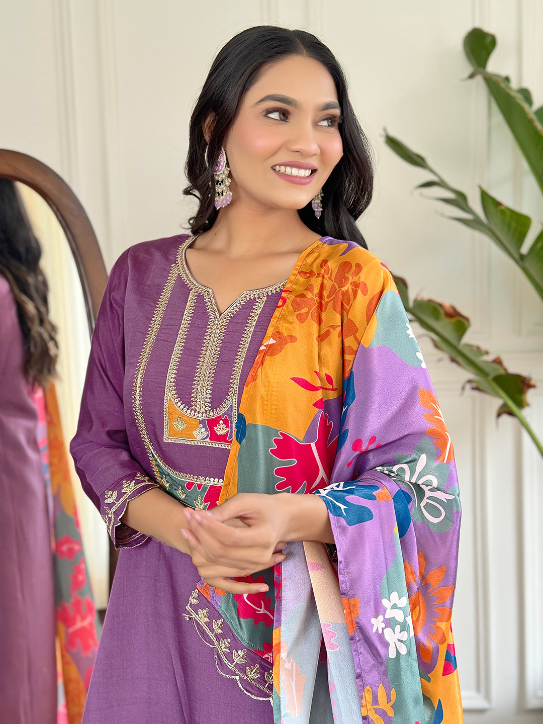 Lavender Color Viscose Slub Kurti Embroidery With Pant And Dupatta Set