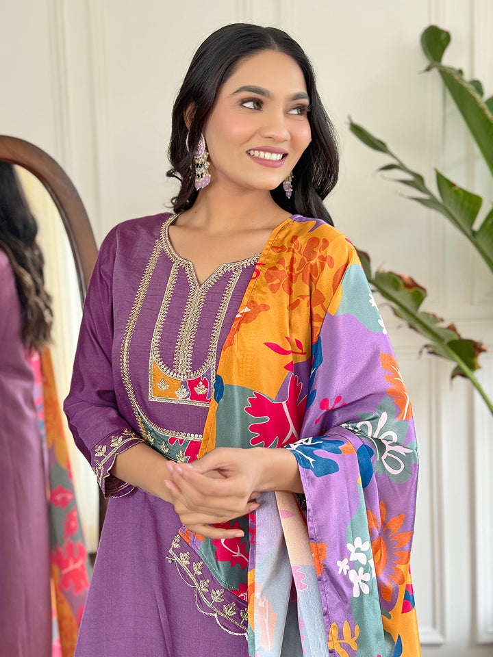 Lavender Color Viscose Slub Kurti Embroidery With Pant And Dupatta Set