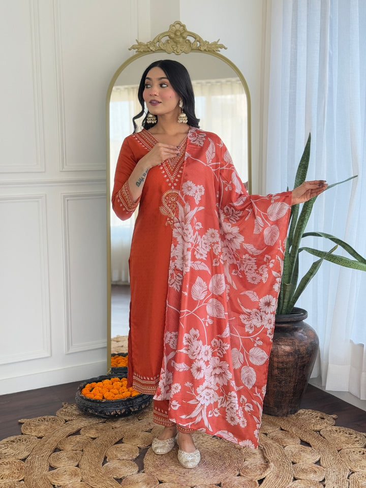 Orange Color Viscose Slub Kurti Embroidery With Pant And Dupatta Set